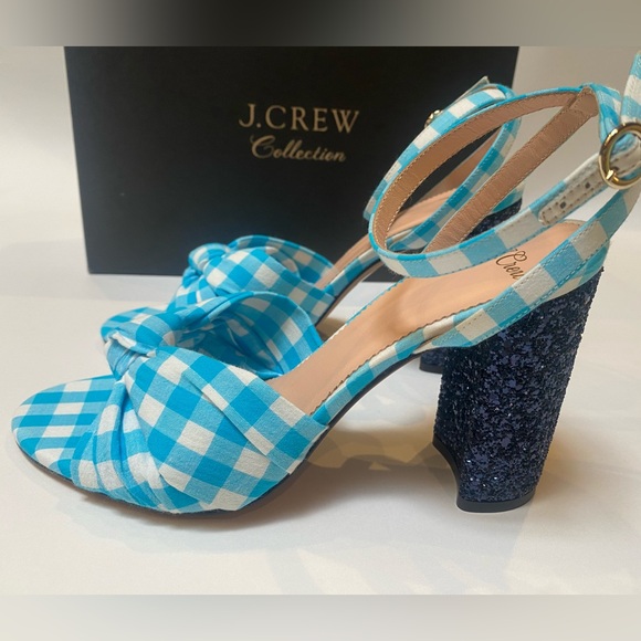 J.Crew Collection Gingham Knotted Stella Sandals w/Glitter Heel Sz 8 NIB - Picture 2 of 9